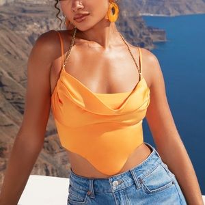 Oh Polly High Tide Halter Chain Orange Crop top